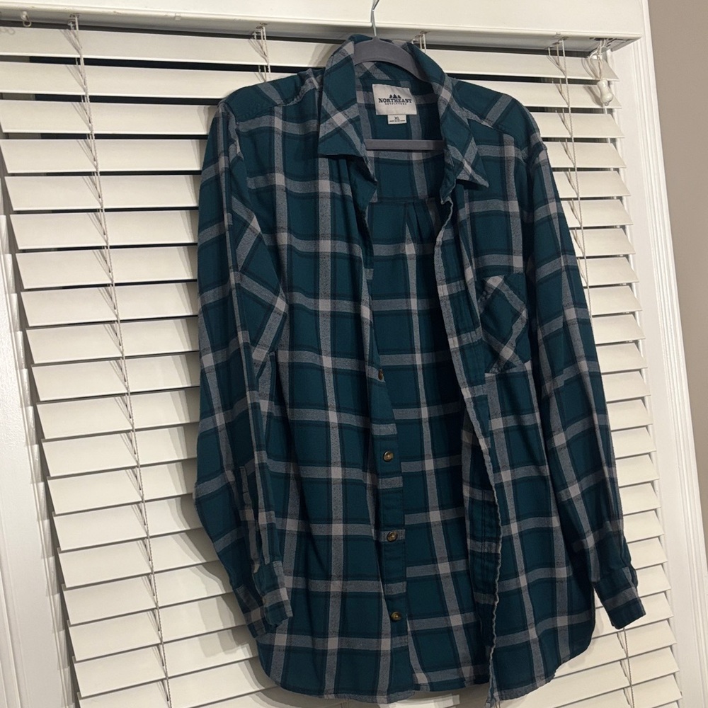 Men's Teal and White Plaid Button-Down Shirt